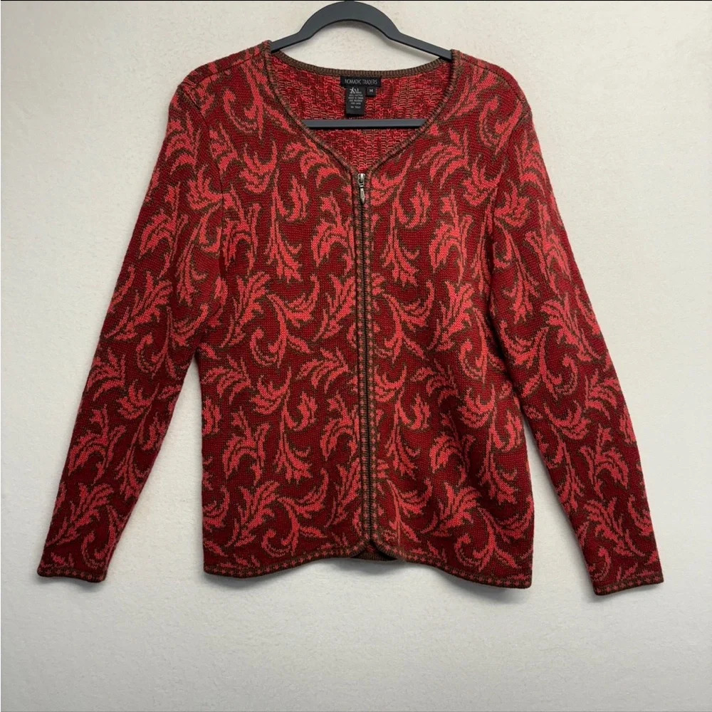 Nomadic Traders Zip Front Cardigan Cotton Blend‎ M Leaf Print Knit Leaf